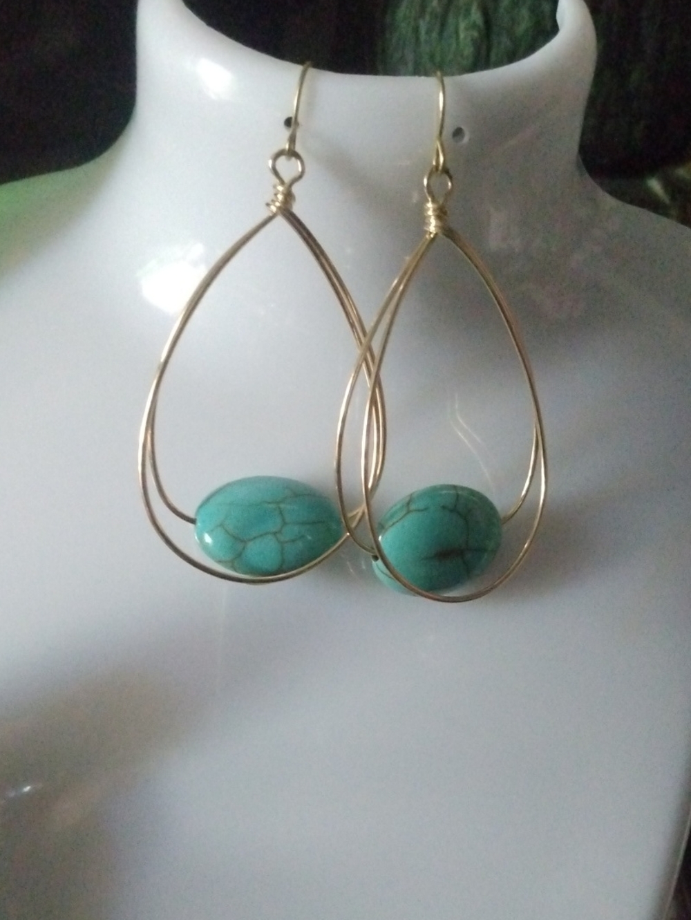 Gold Teardrop Earrings with Turquoise Stone - Women Jewelry